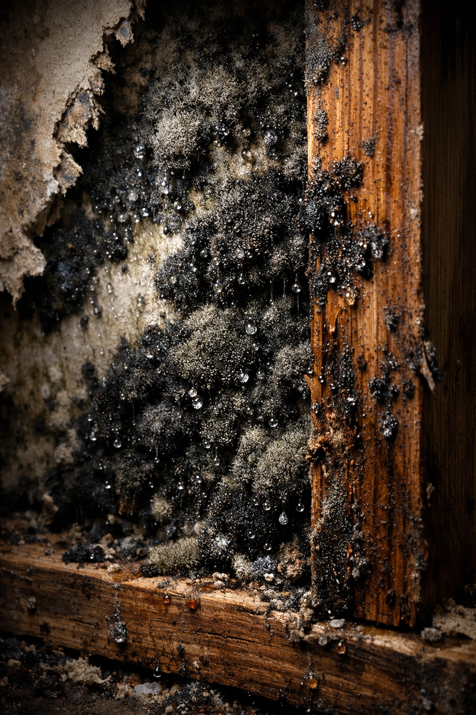 Black mold growth on drywall from untreated water damage