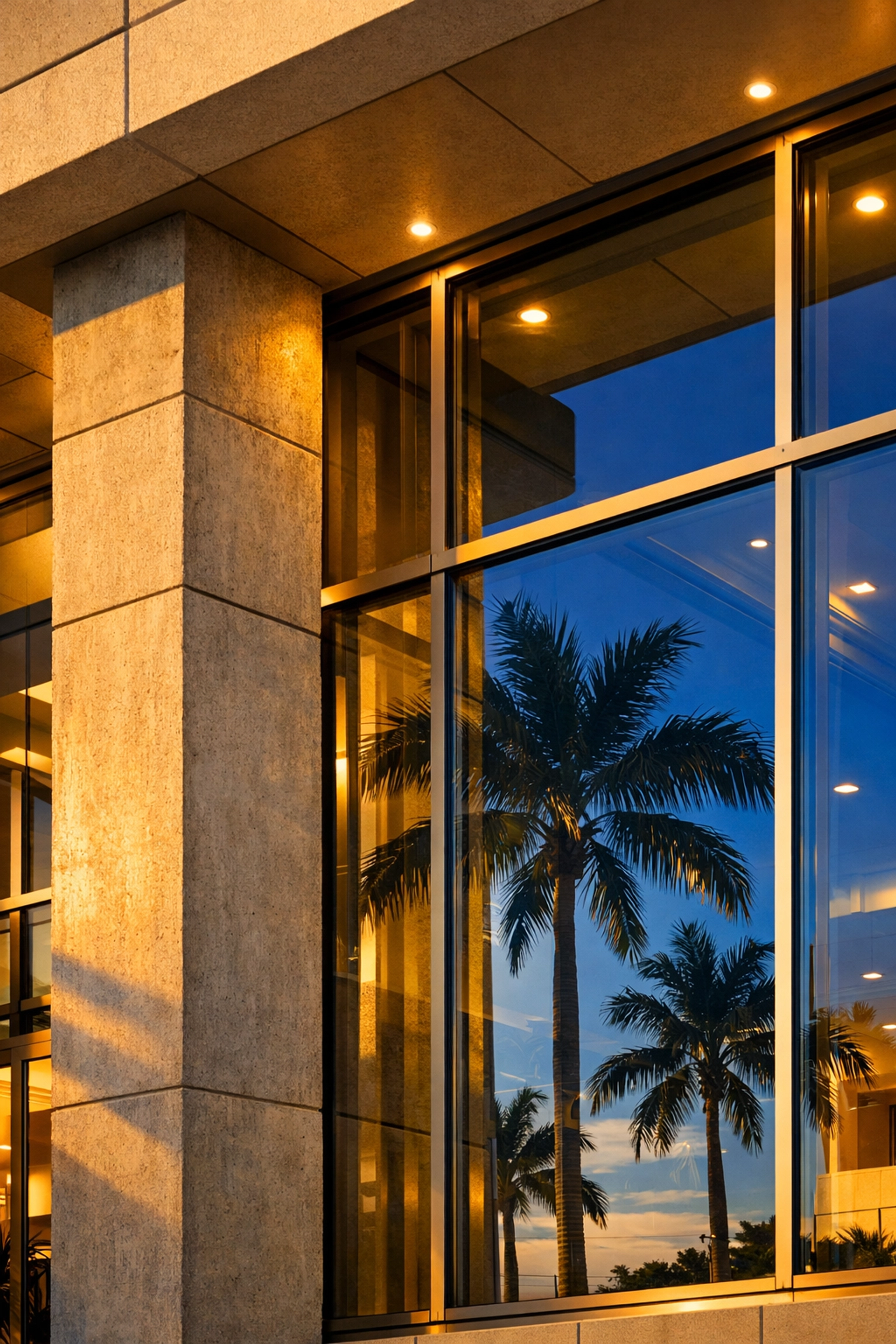Architectural detail of commercial construction south florida showing hurricane-resistant impact glass.