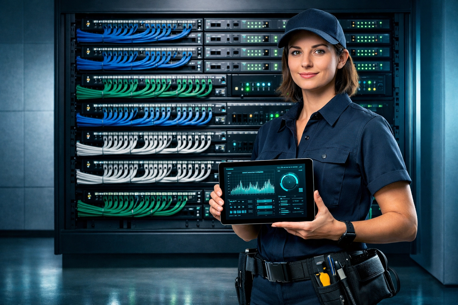 IT professional performing network diagnostics with organized patch panel and structured cabling