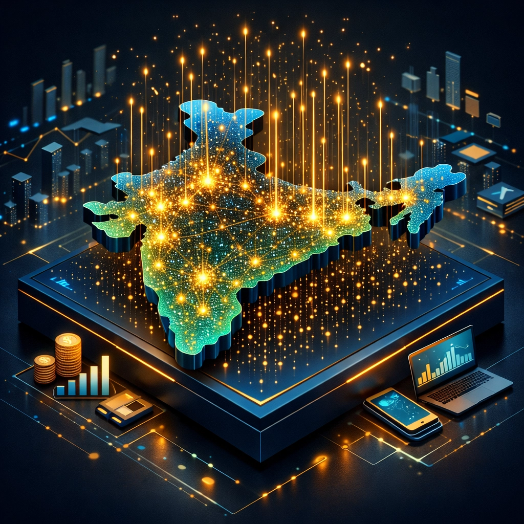 Glowing map of India illustrating transaction growth and the latest technology news in the digital economy.