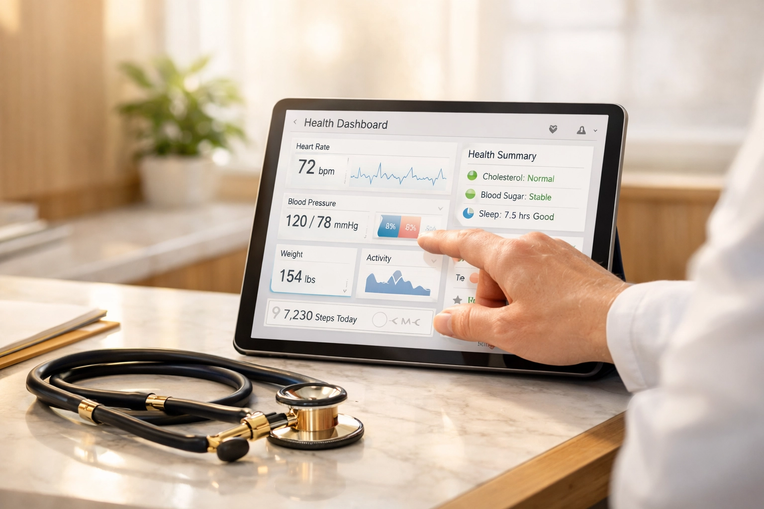Medical provider monitoring TRT heart health and hormone levels on a digital dashboard during a patient consultation.