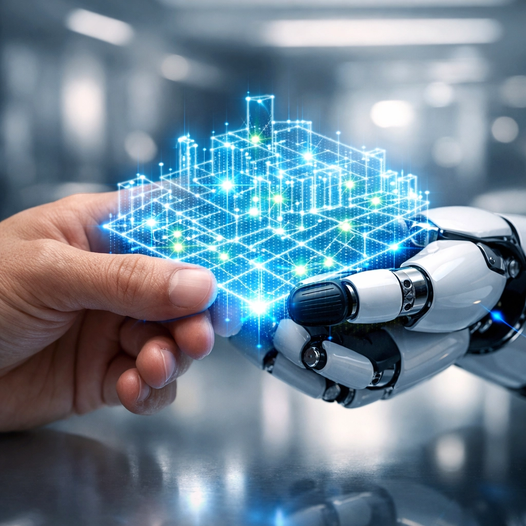 A human and robotic hand holding a glowing AI blueprint to represent expert fractional leadership collaboration.