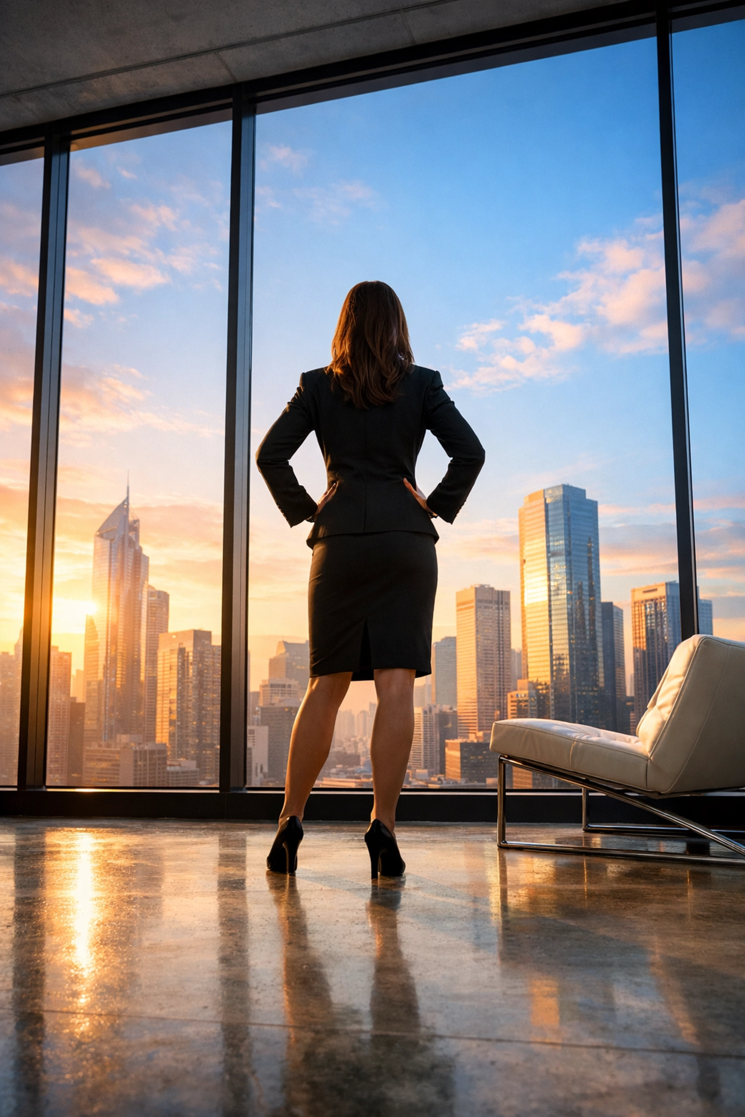Visionary leader overlooking a city skyline after a successful website redesign launch.
