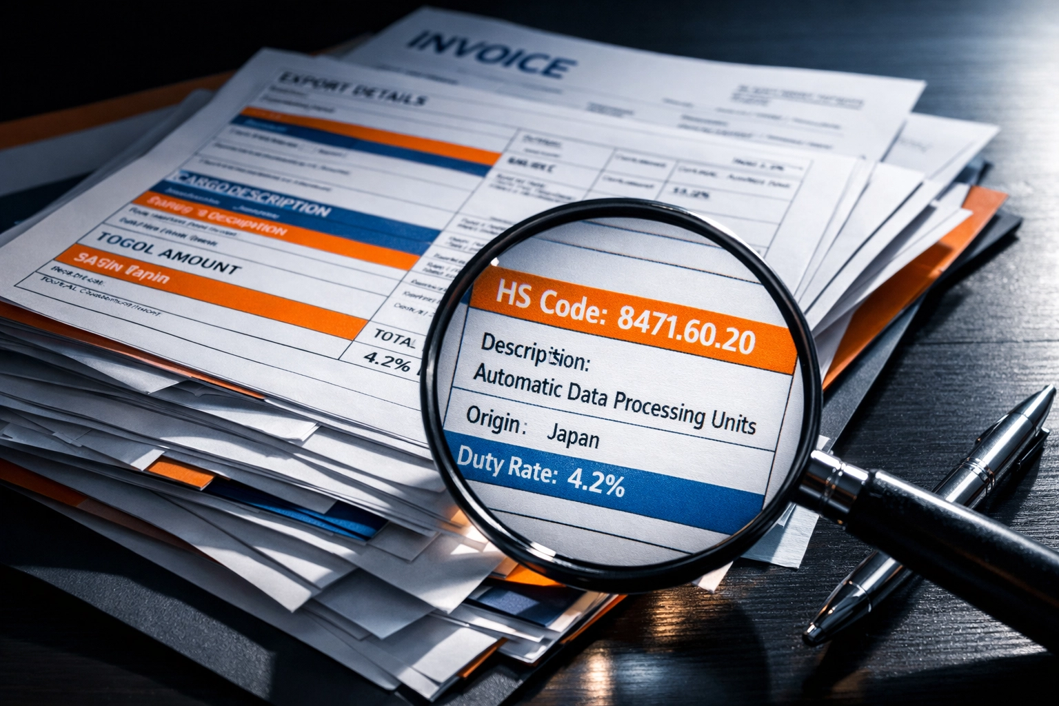 Shipping documents and commercial invoice with magnified HS code for customs clearance