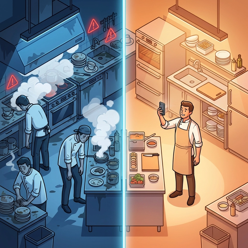 Split scene of a stressed kitchen with overwhelmed staff versus a smooth-running team filming engaging social media content.