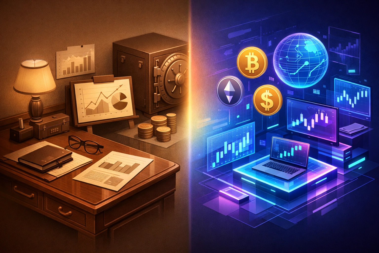 Split view of traditional wealth management and modern digital finance strategies