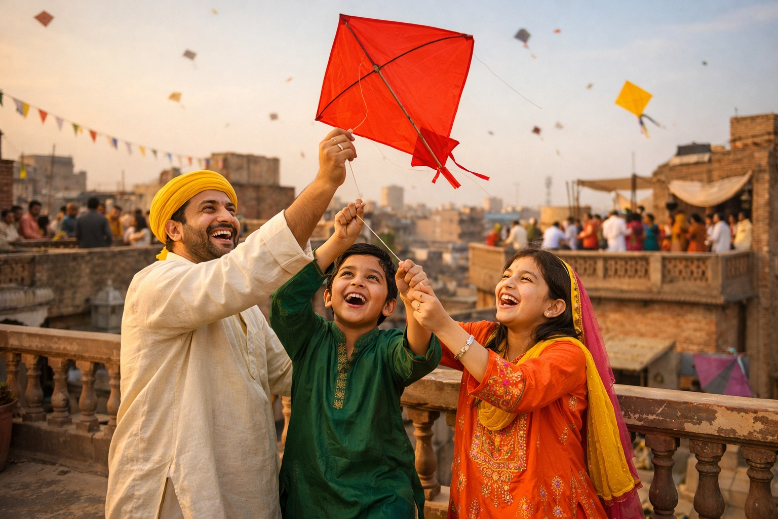 Pakistani family flying kites on rooftop during Basant festival return in Lahore