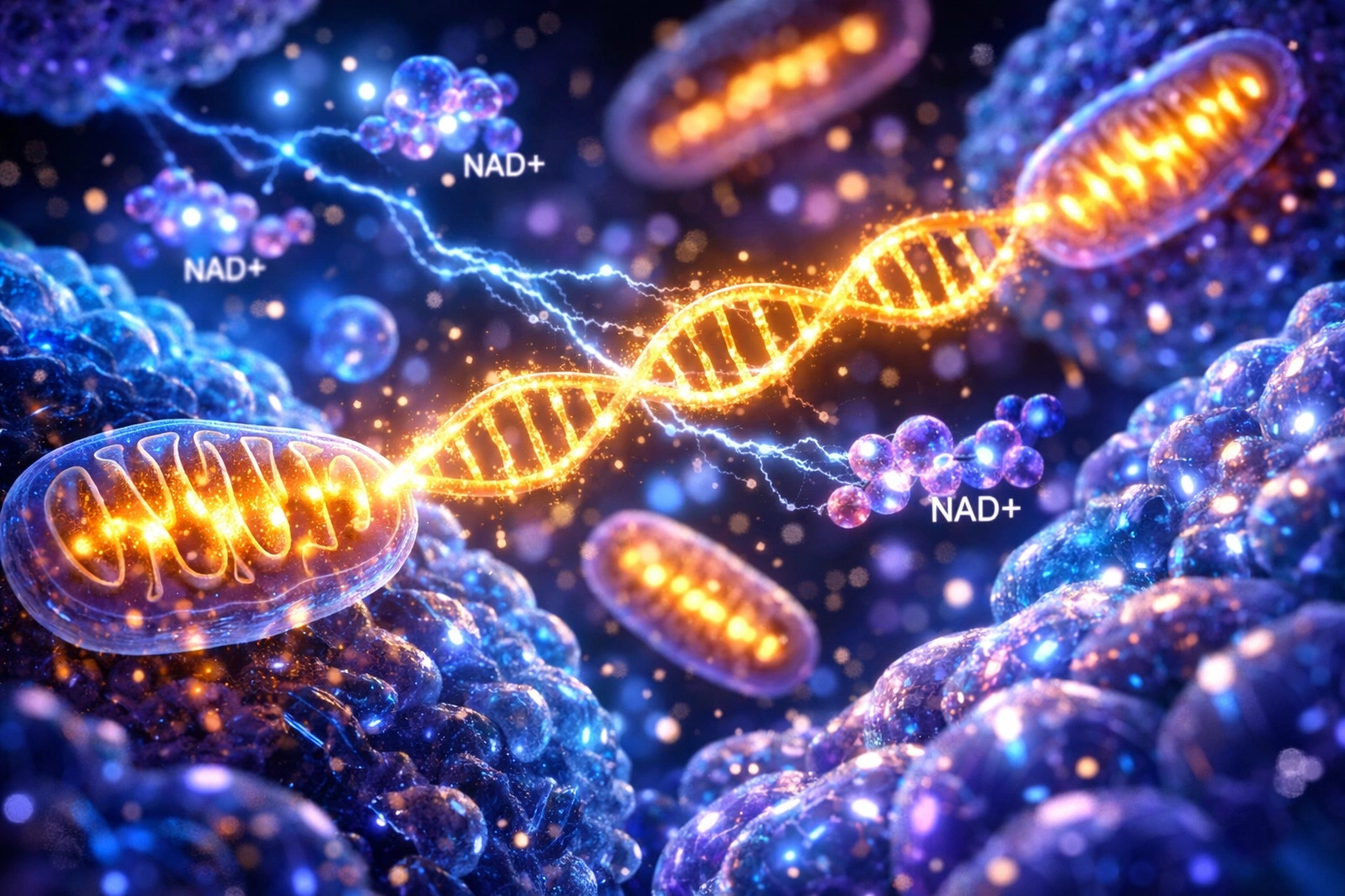Cellular energy visualization showing NAD+ molecules and mitochondria supporting healthy aging