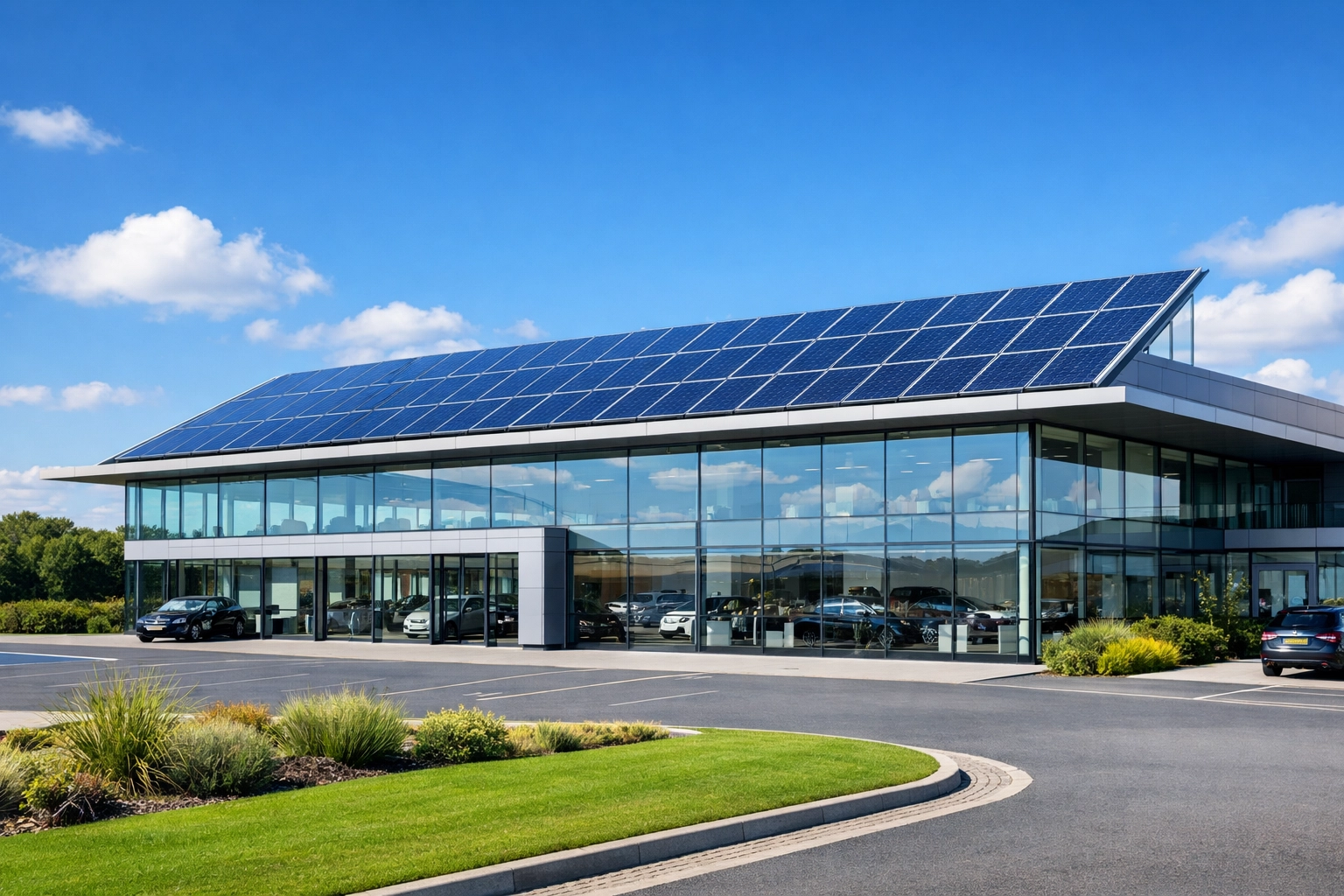 Modern business headquarters in Bournemouth with integrated rooftop solar panels for energy efficiency.