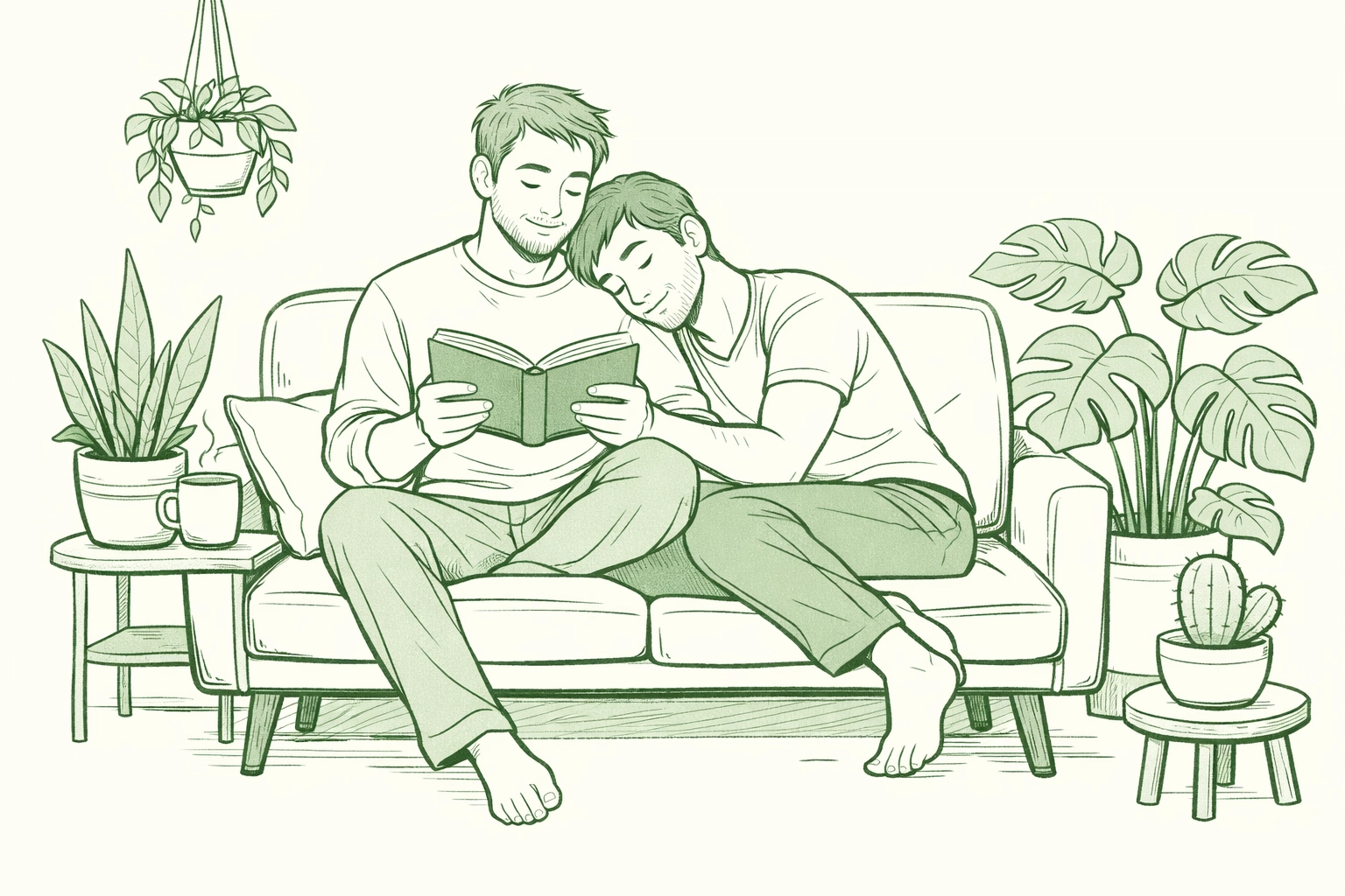 A gay couple reading MM romance fiction together, showing connection and comfort in queer literature.