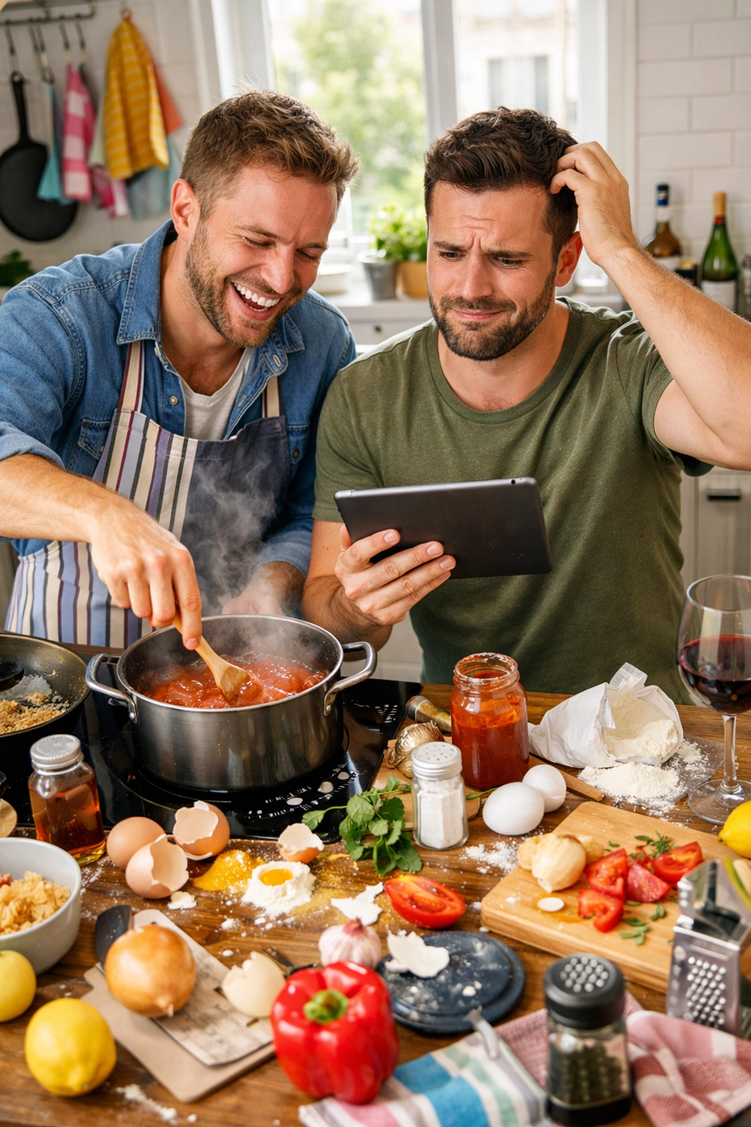 Gay couple cooking together in their kitchen - everyday LGBTQ happiness and domestic adventures