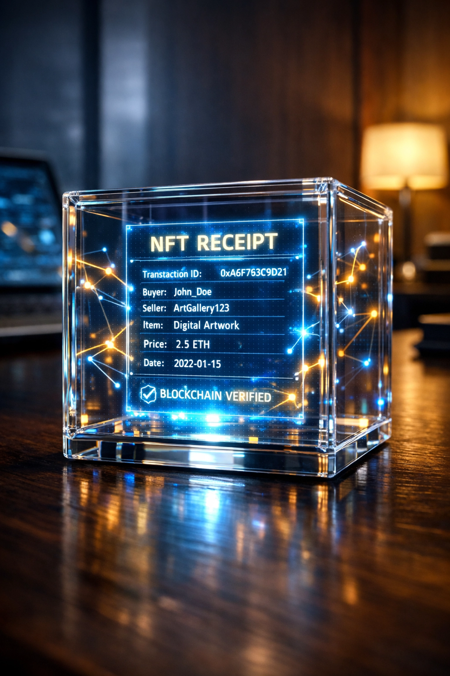 Blockchain-verified NFT receipt showing transparent accounting and transaction verification