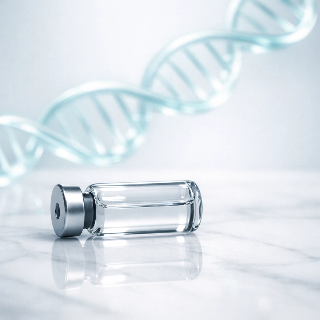 Sleek glass vial representing peptide bioregulators for DNA gene expression and cellular health.