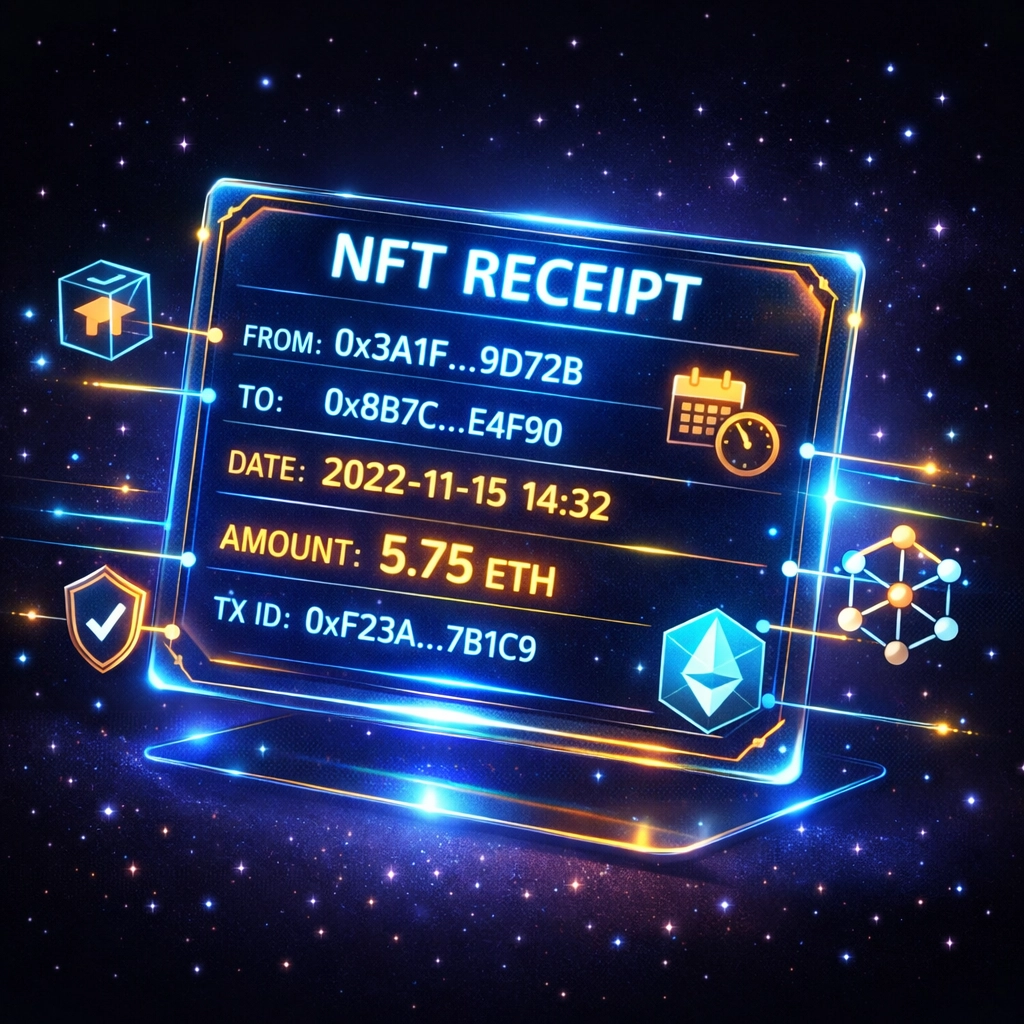NFT receipt displaying transaction details with wallet addresses and blockchain timestamps
