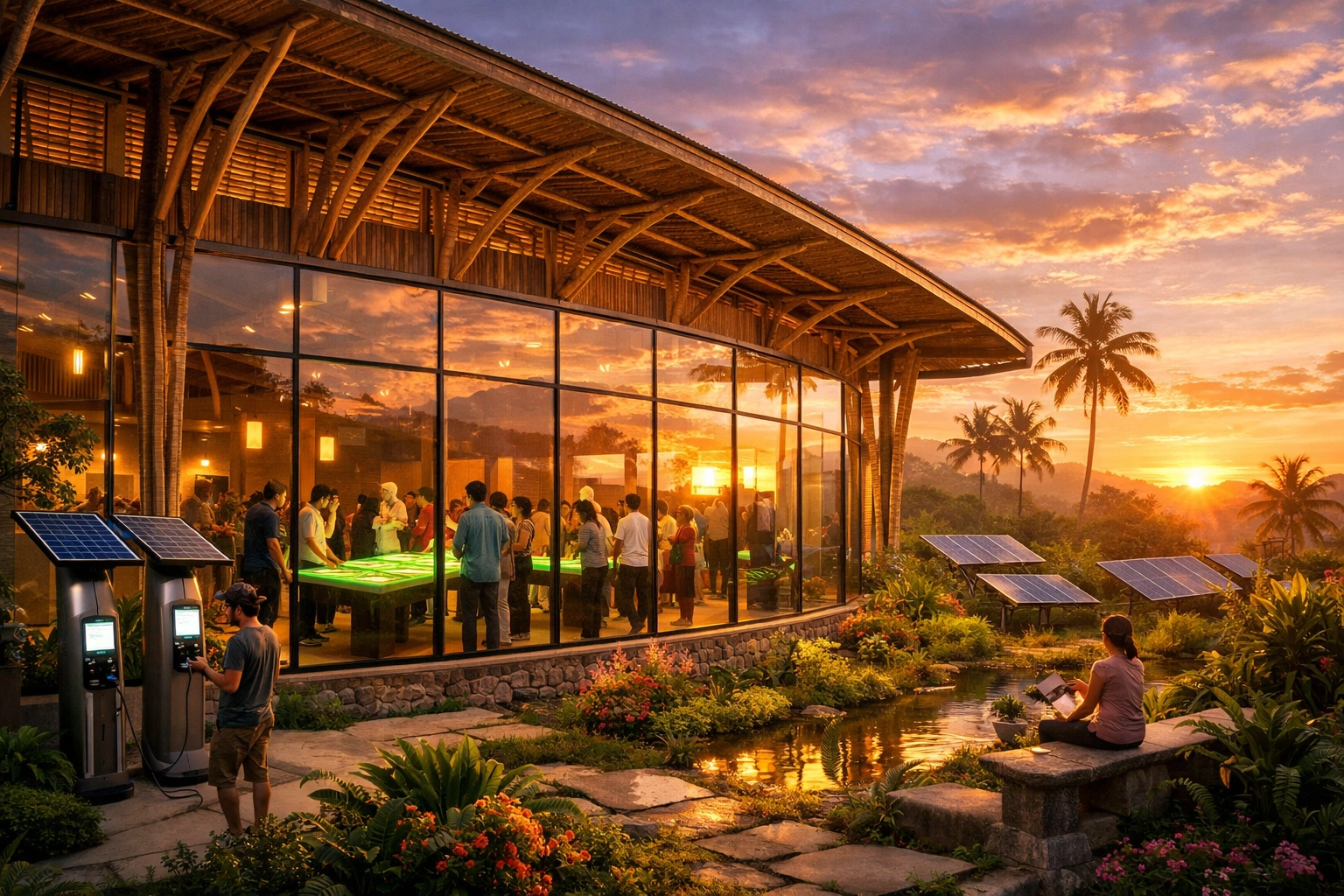 Modern community social hub center supporting global relief efforts and decentralized philanthropy.