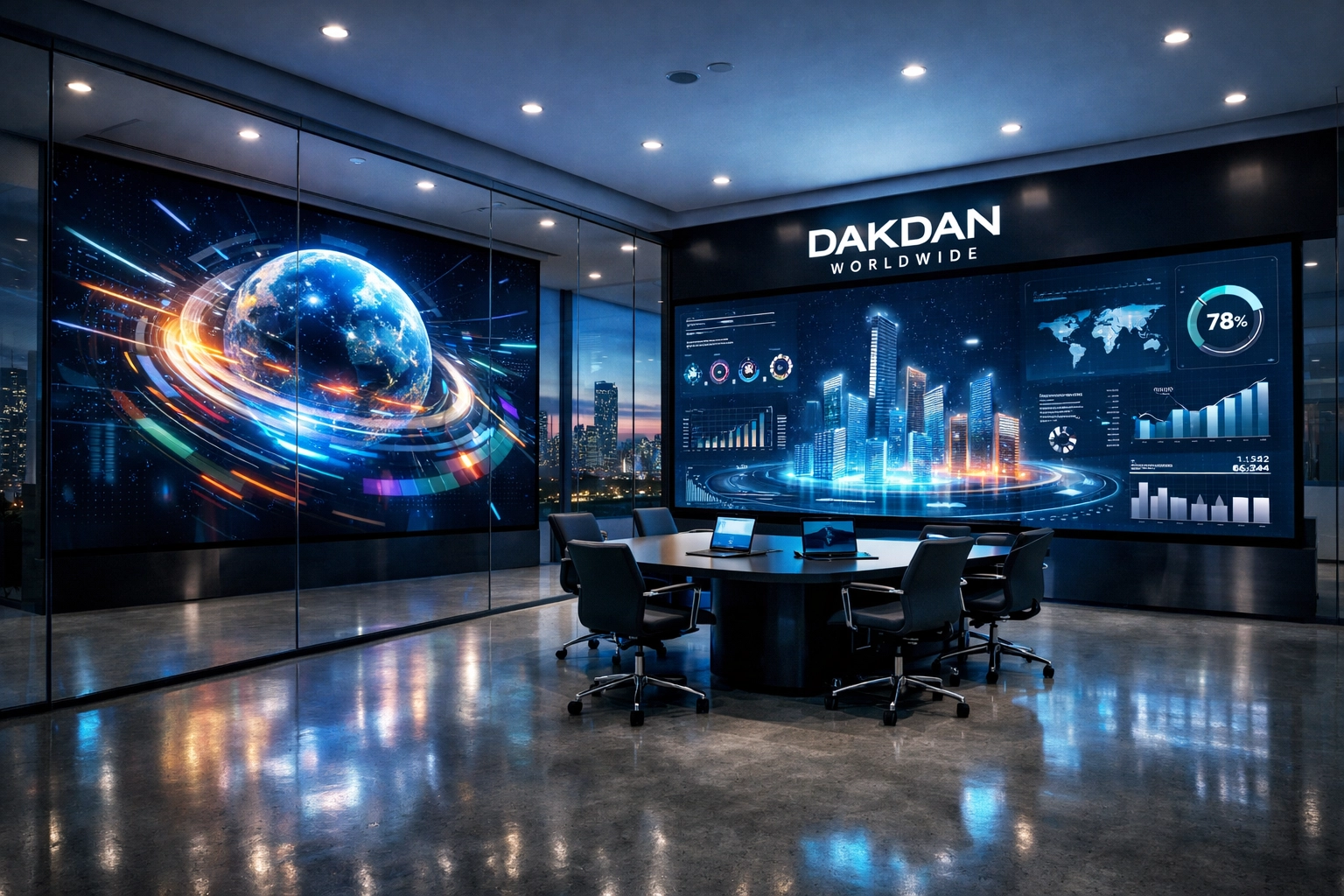 Dakdan Worldwide technological infrastructure showing digital media walls and data charts for media frameworks.