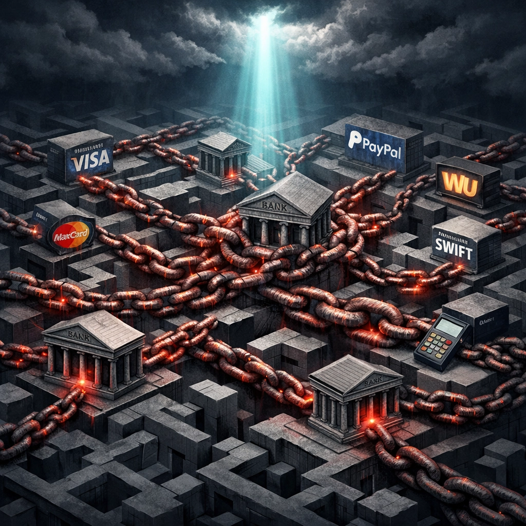 Traditional banking payment infrastructure showing interconnected chains between banks and credit card processors