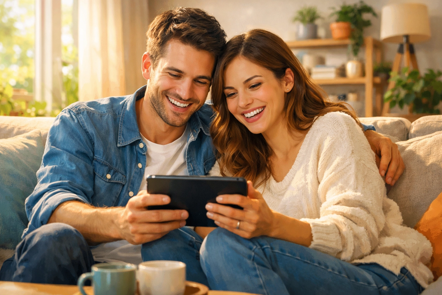 A young couple smiling while connecting with an online church small group on their tablet at home.