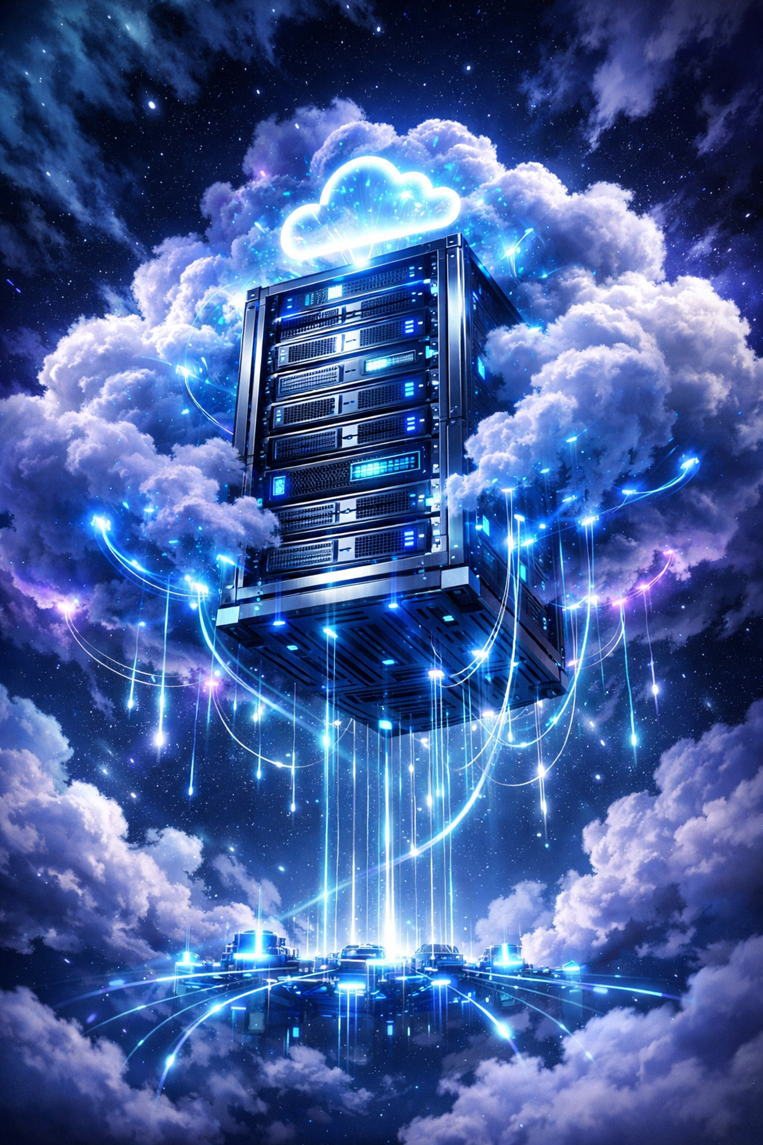 Futuristic server rack in a glowing cloud representing scalable cloud computing and IT infrastructure solutions.