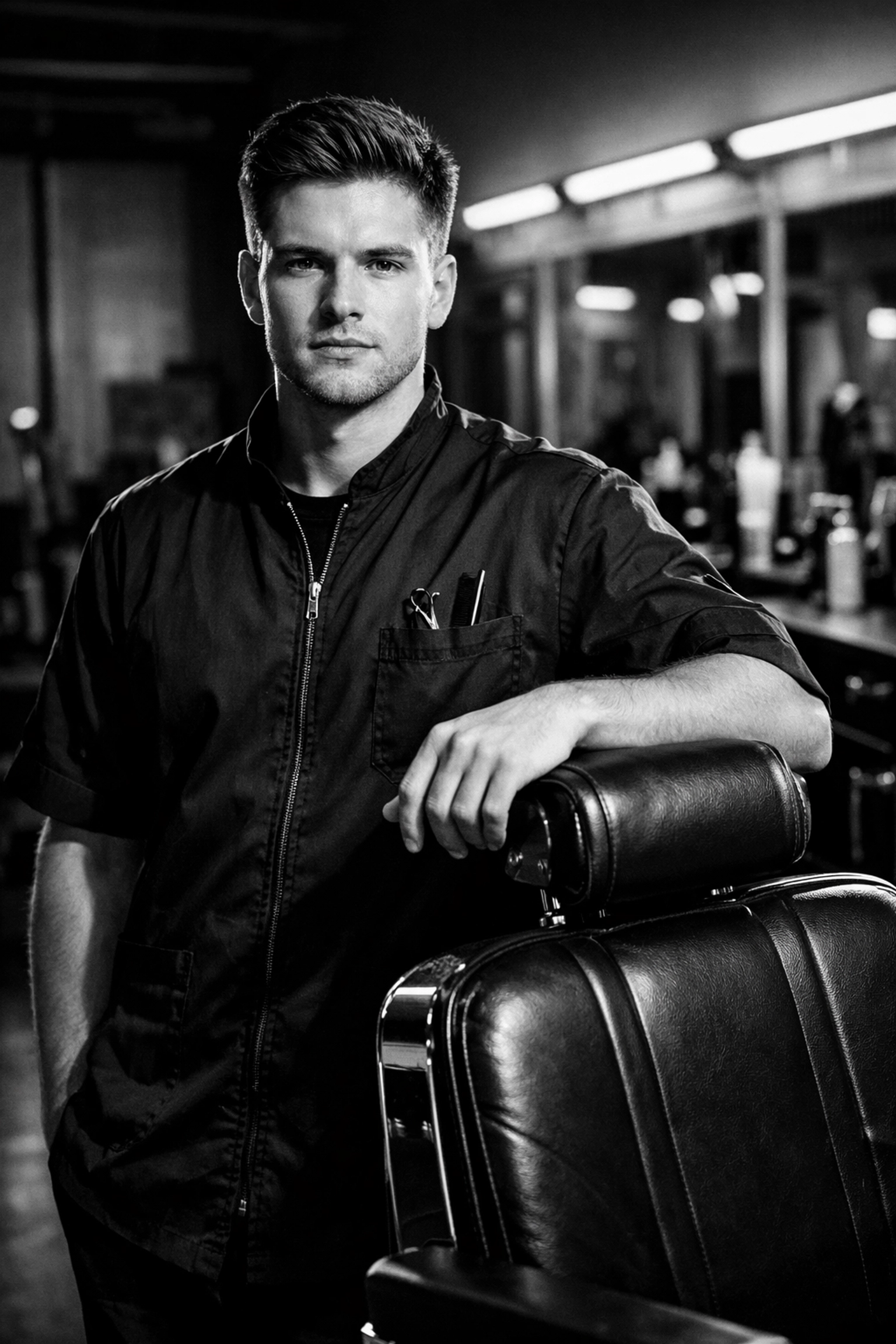 Confident student in uniform ready for enrollment at X-Quisite Cutz School of Barbering in Ohio.