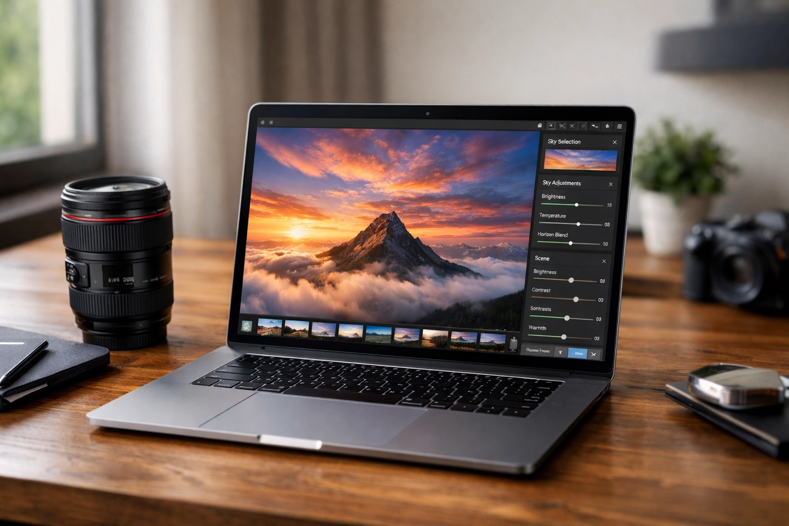 Close-up of Luminar Neo Sky AI sliders being used on a laptop to edit a mountain landscape photo.