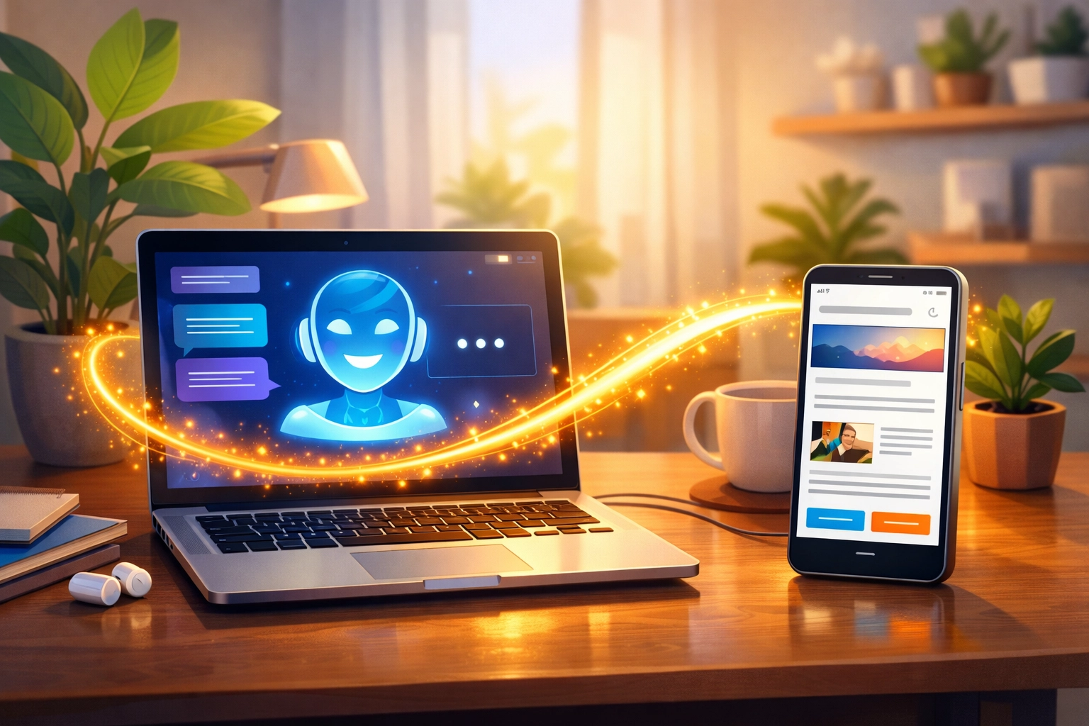 Synchronized chatbot and email interfaces across devices showing integrated email marketing automation tools.
