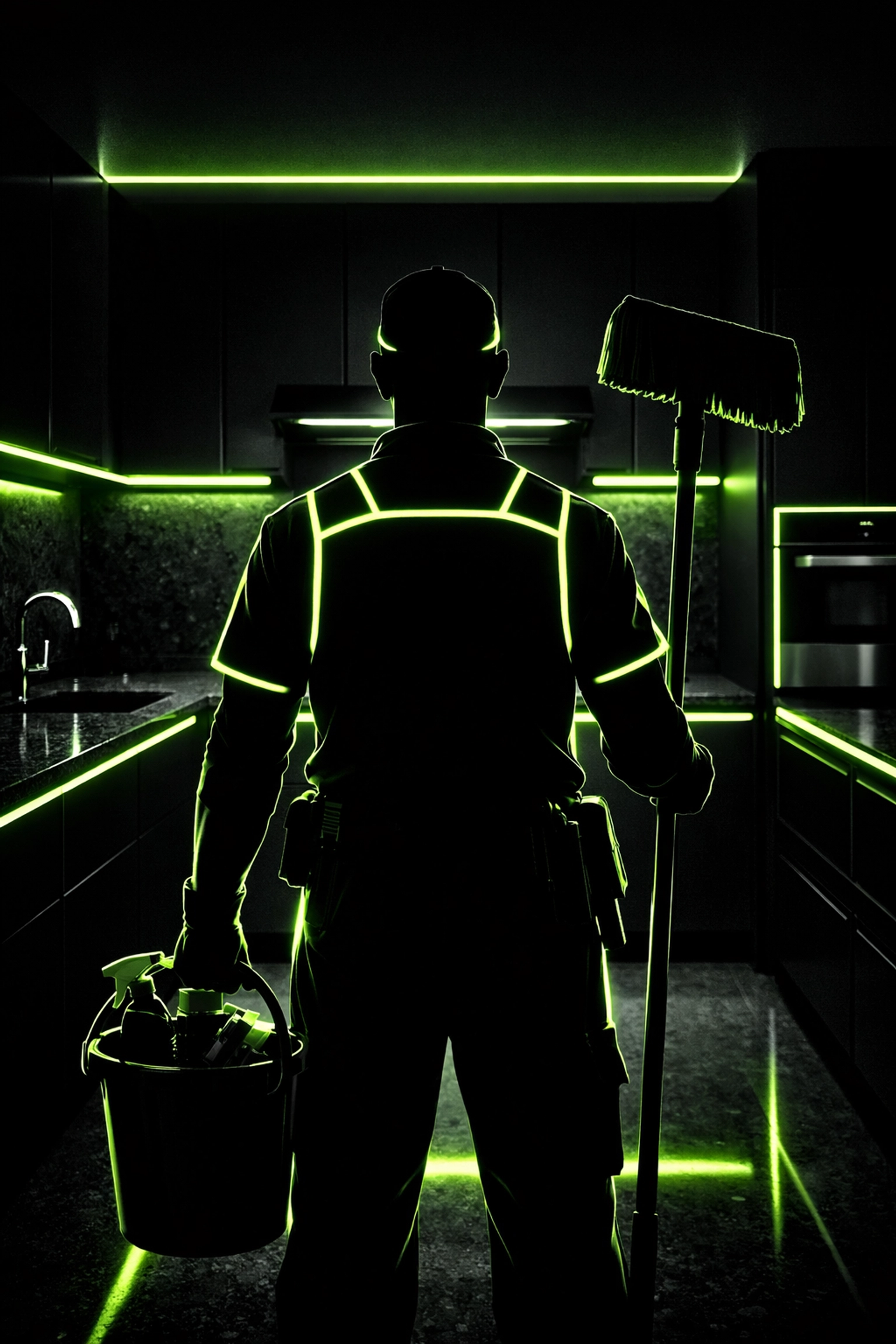 Professional cleaner silhouette in a modern Camden County kitchen representing local house cleaning SEO.