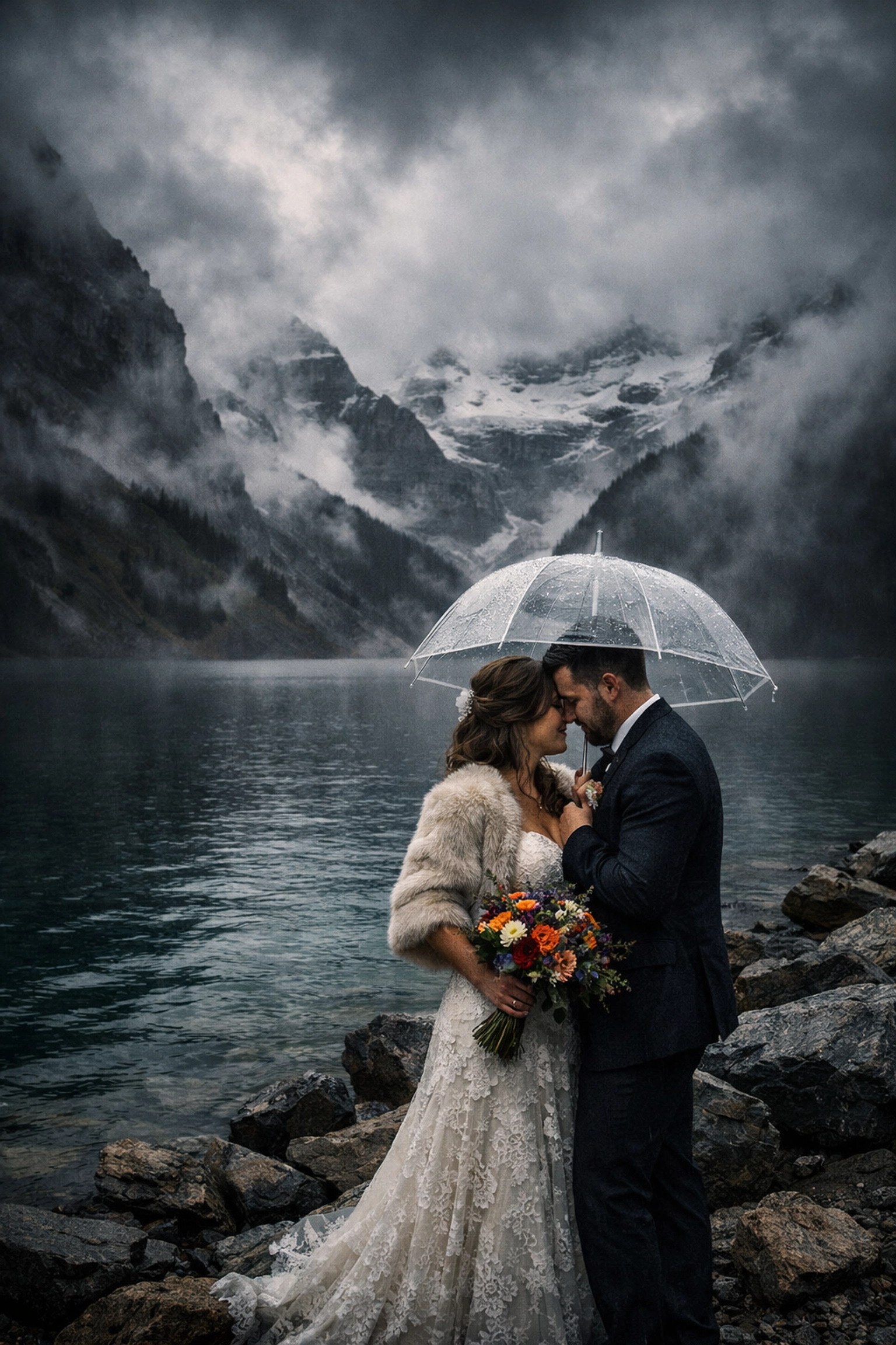 An intimate Lake Louise elopement on a misty morning with the couple under a transparent umbrella.