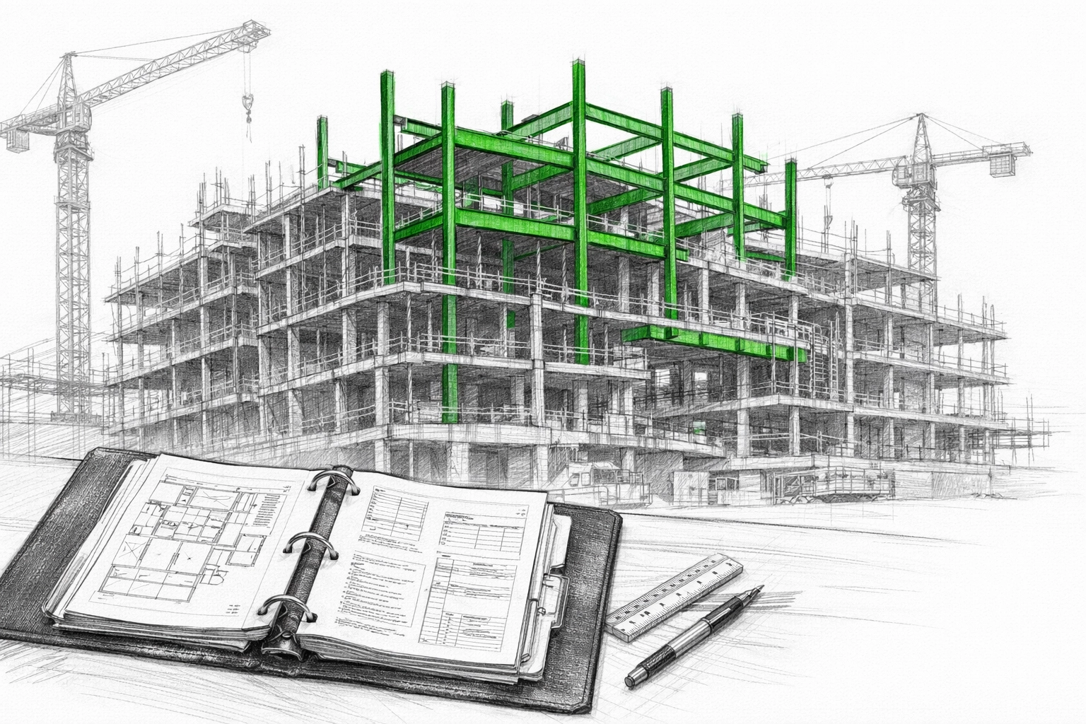 Hospitality project site under construction featuring an open architectural specification binder.