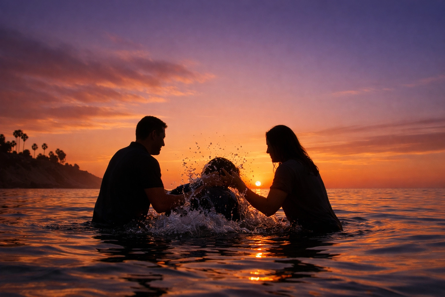 A young person being baptized in the Pacific Ocean during a Southern California youth revival event at sunset.