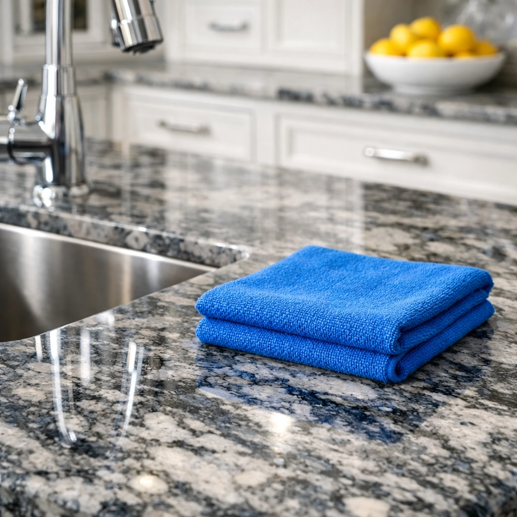 Microfiber cloth on a polished granite counter in Newton highlighting expert deep cleaning services.