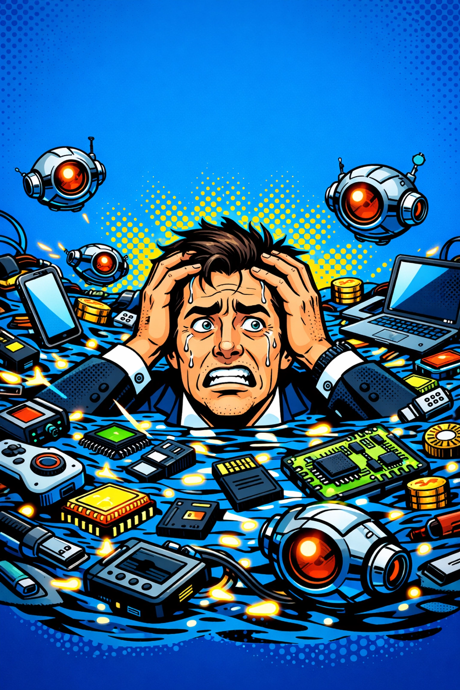 A stressed business owner overwhelmed by gadgets, highlighting the need for a clear AI automation strategy.