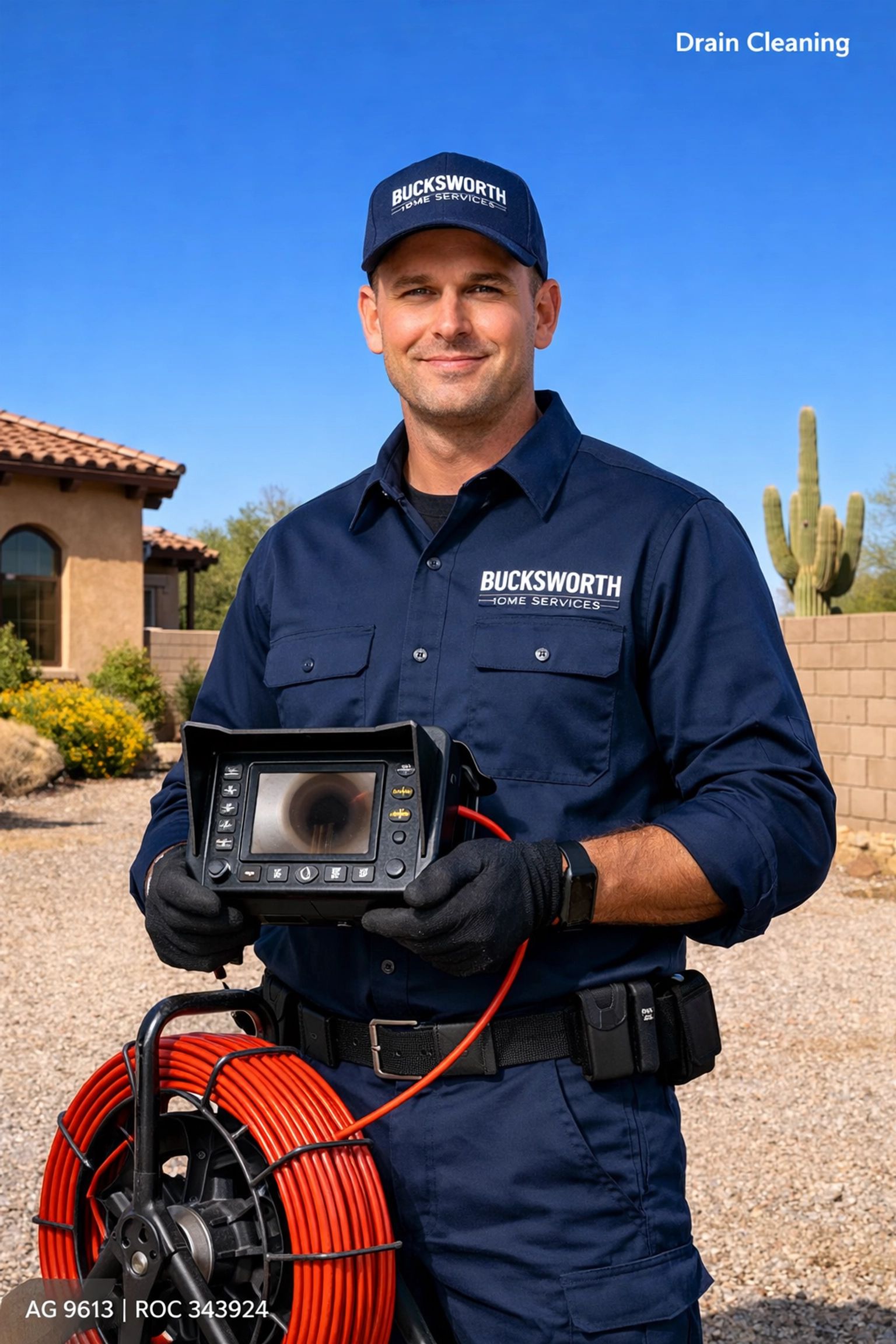 Bucksworth Home Services technician preparing for a drain cleaning inspection in Gilbert, AZ.