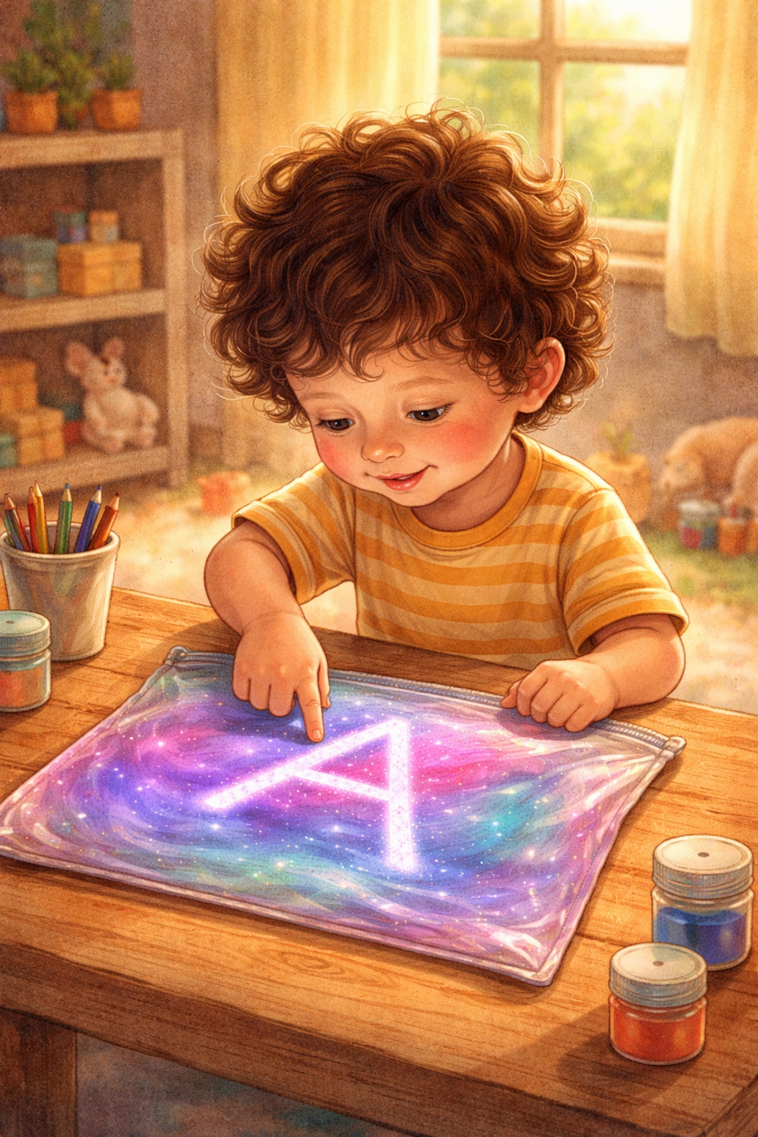 Young child finger-tracing letters on a paint-filled zip bag while learning about colors and sensory play