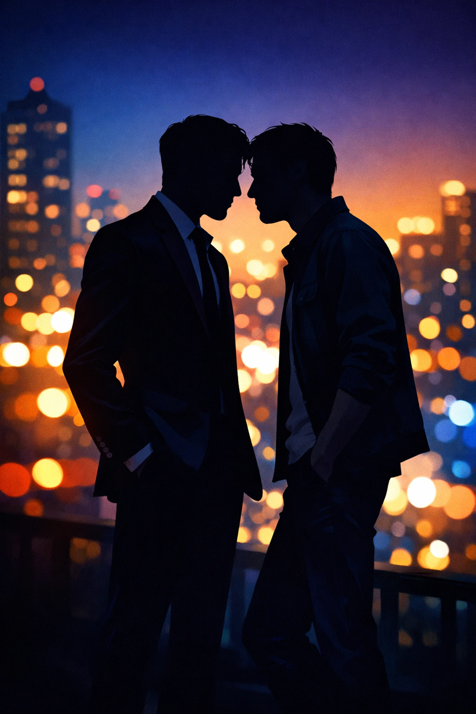 Two men silhouetted against city skyline in MM romance novel cover style