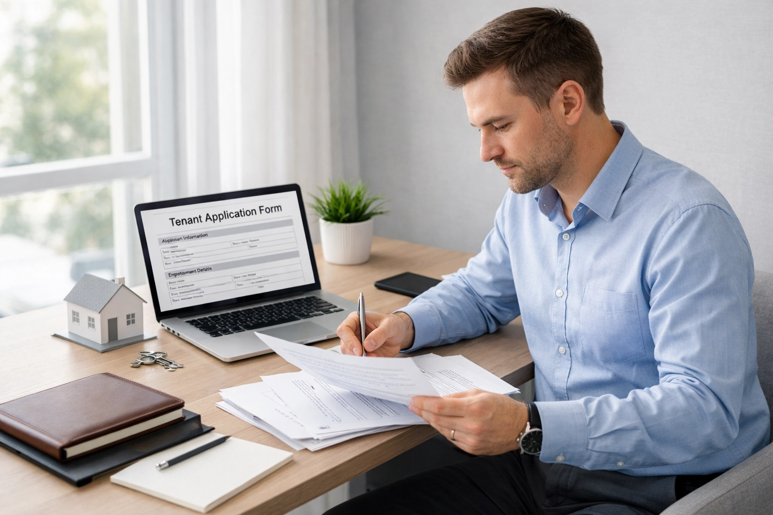 Property manager carefully reviewing tenant applications during apartment turnover process