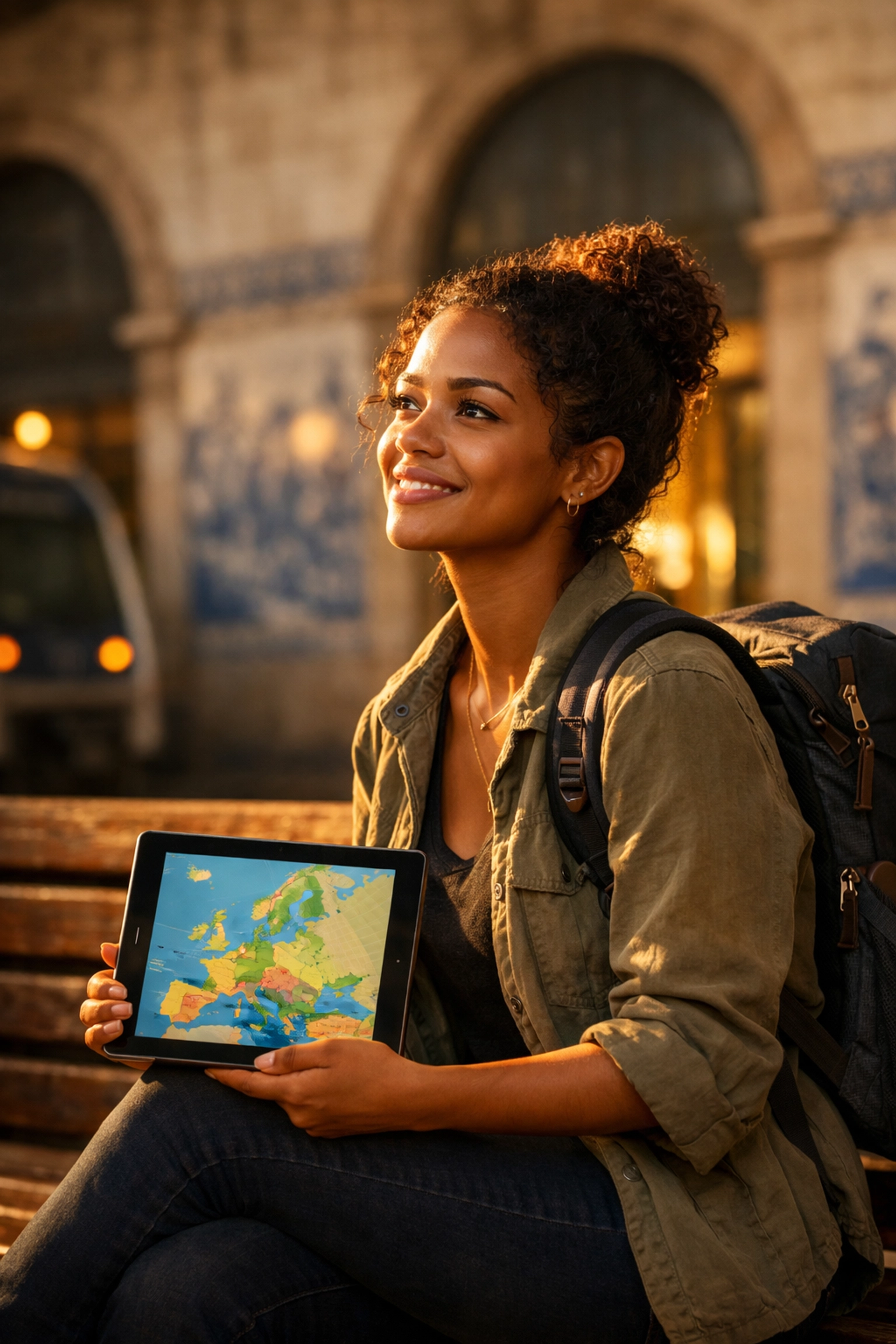 Jovem cabo-verdiana sorridente numa estação em Portugal, simbolizando a mobilidade do visto de estudante.
