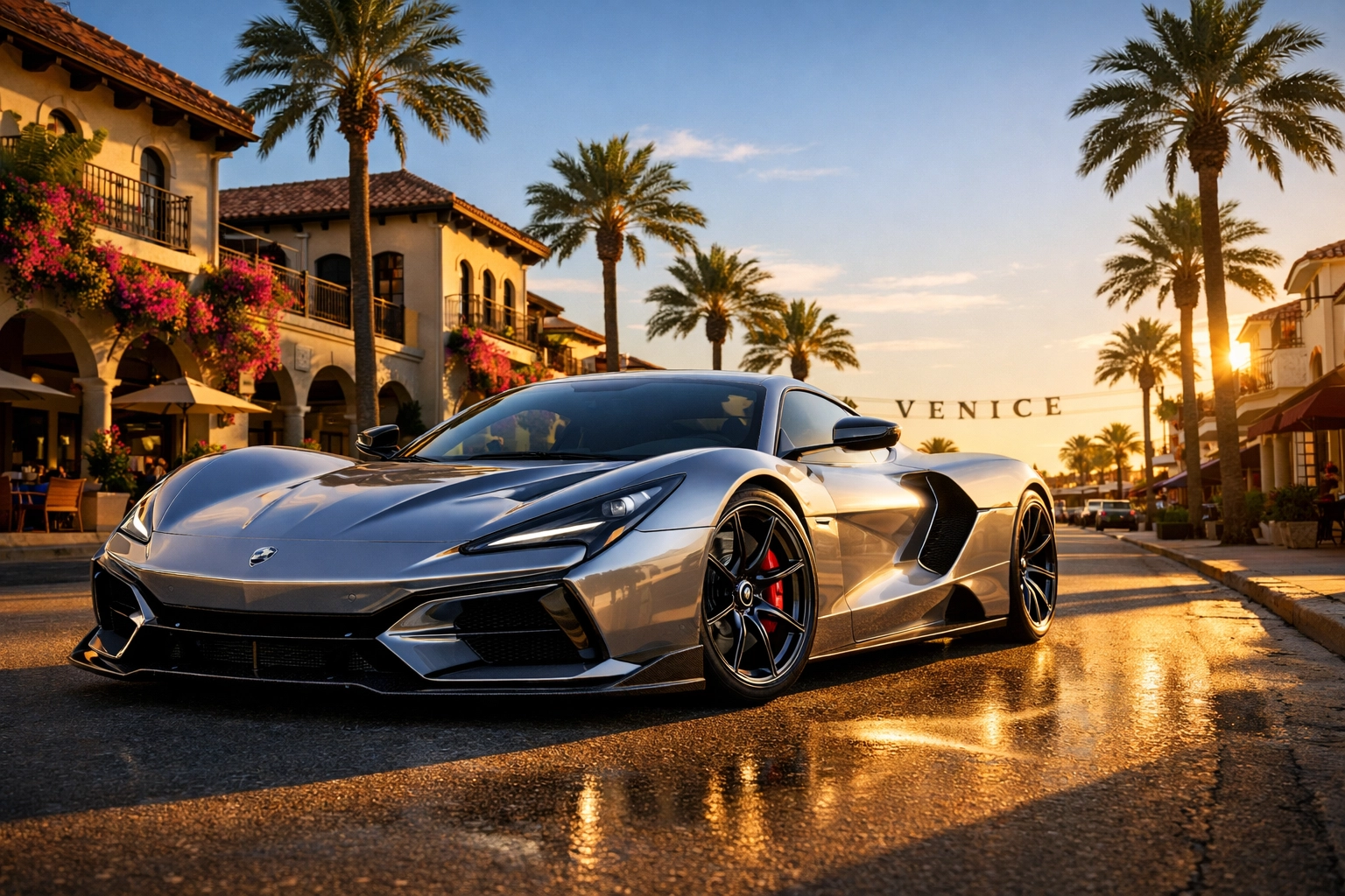 Fast car in downtown Venice representing optimized website performance for Florida businesses.