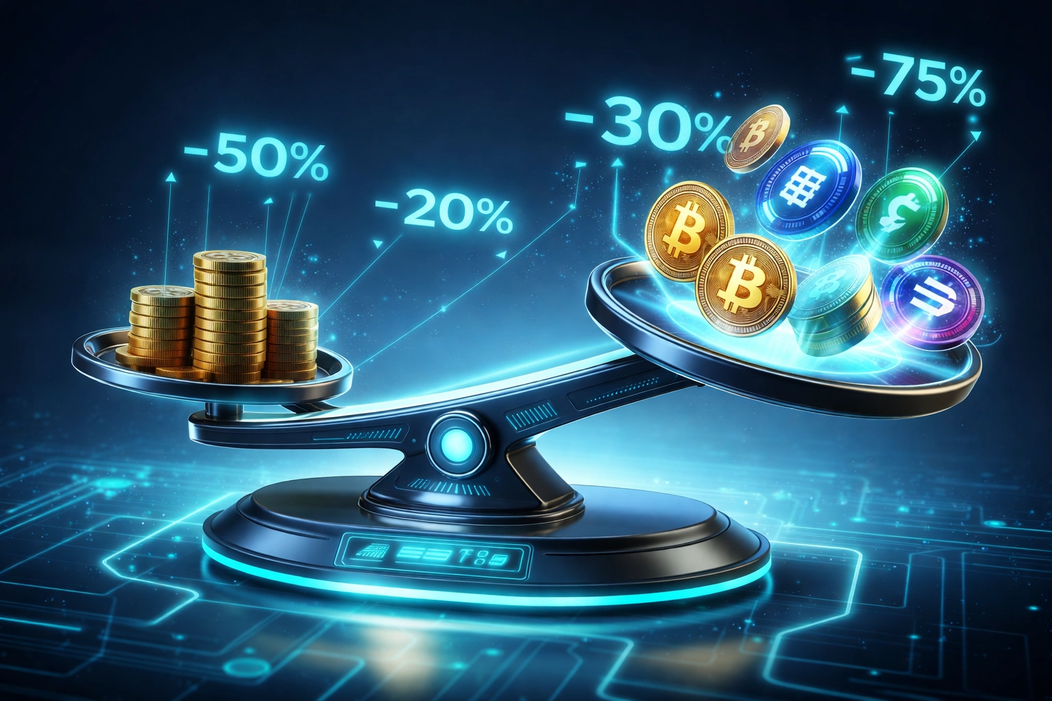 Digital scale comparing gold coins and cryptocurrency tokens, illustrating Larecoin fee savings over CoinPayments and traditional processors.