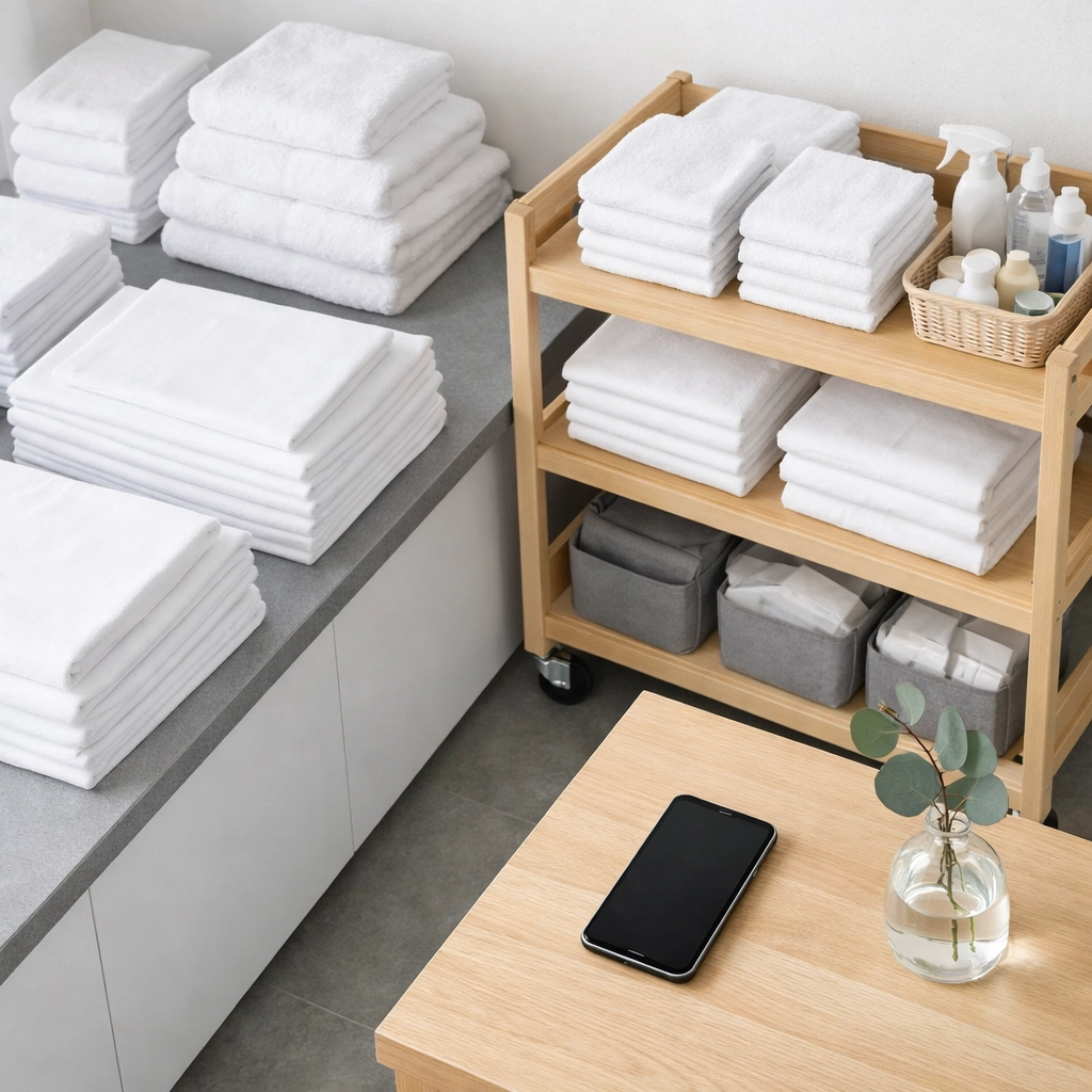 Organized housekeeping station with mobile technology powered by cloud-native hospitality software.