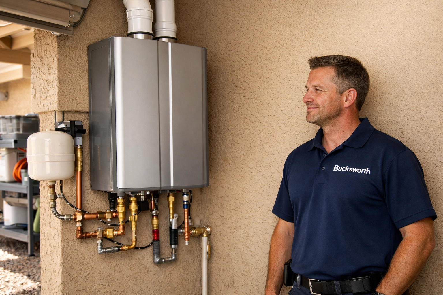 Bucksworth technician with a professional water heater installation in a Scottsdale home.
