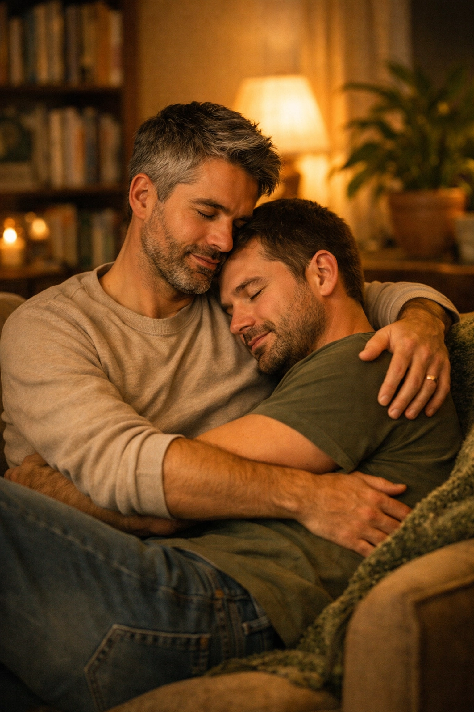 Two men embracing on couch with books, showing deep connection in MM romance relationships