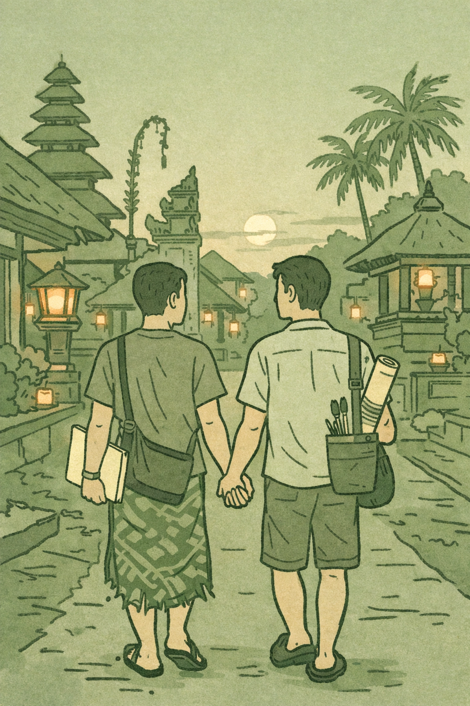 Gay couple holding hands walking through Balinese village at dusk showing open acceptance