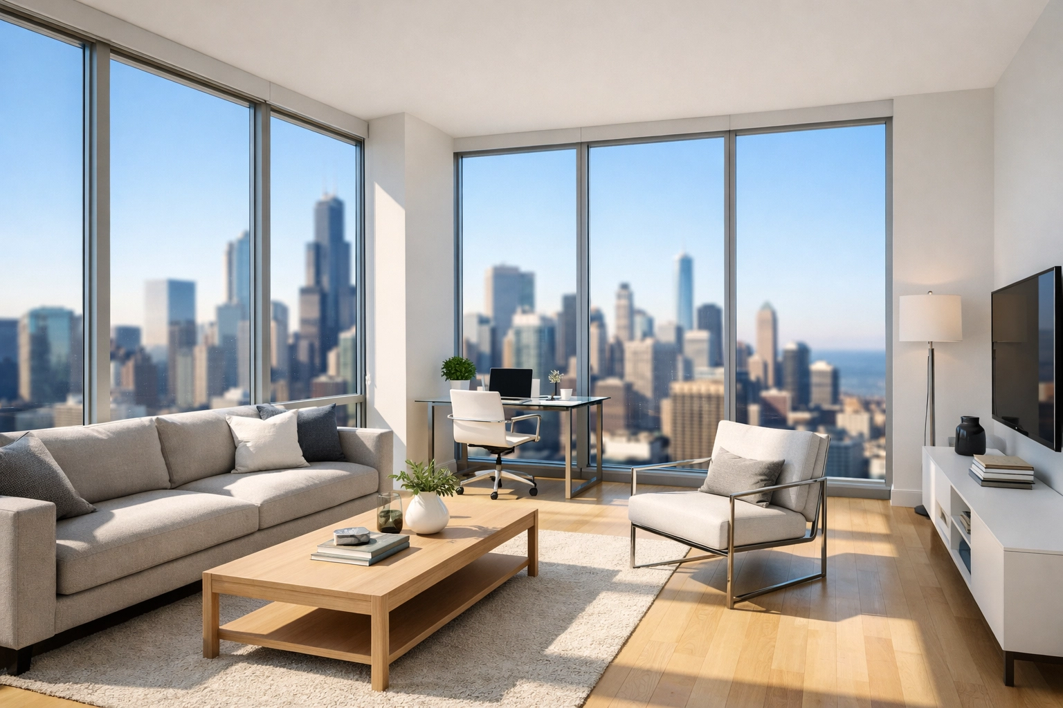 Modern Chicago high-rise apartment living room with skyline views, ready for property turnover services.