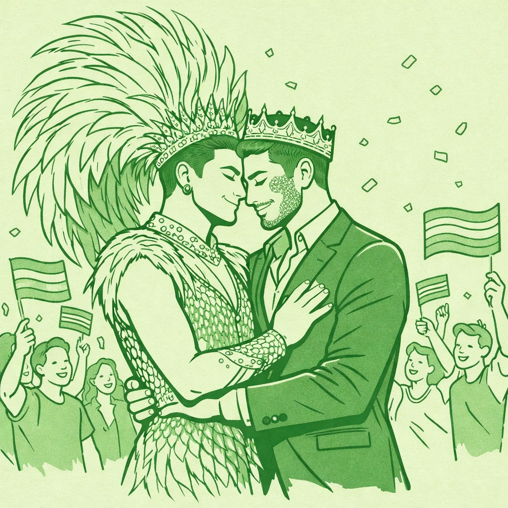 Two drag performers embrace at Pride parade surrounded by cheering crowds with rainbow flags