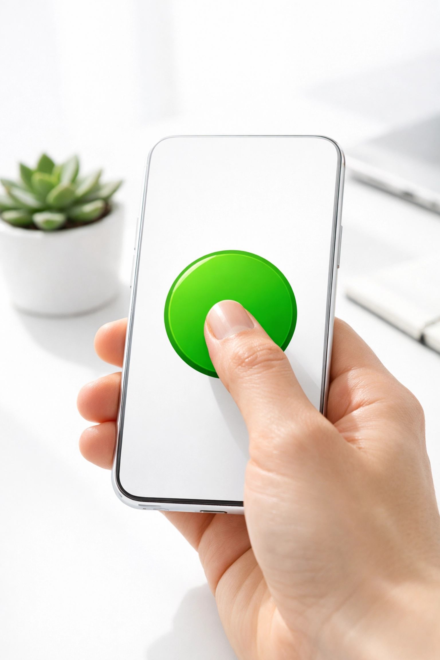 A person tapping a green call-to-action button on a smartphone to improve website conversion rates.