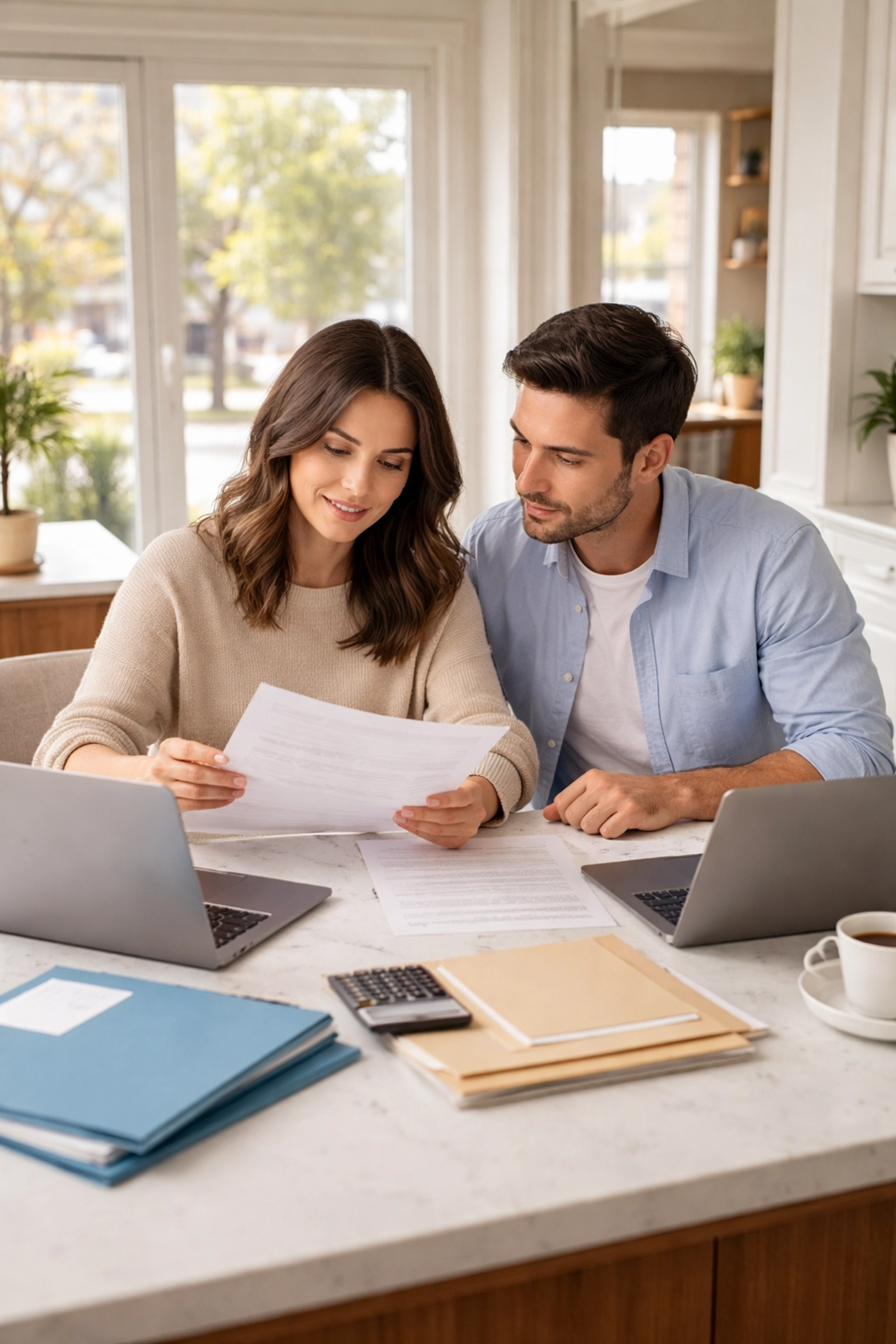 Young couple preparing for home purchase by reviewing documents together in a sunlit South Jersey kitchen