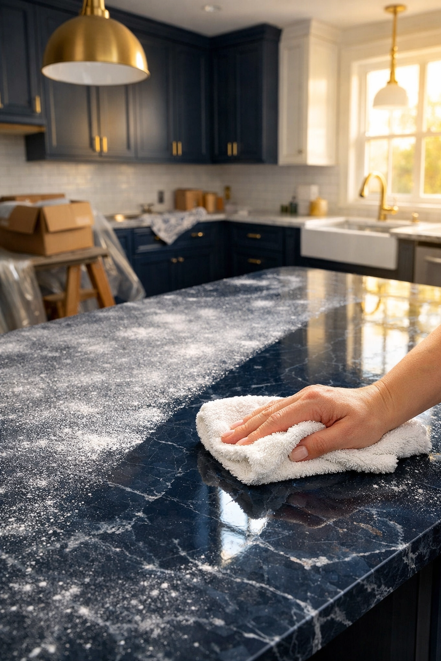 Microfiber cloth wiping drywall dust off a kitchen counter during professional post construction cleaning Franklin.