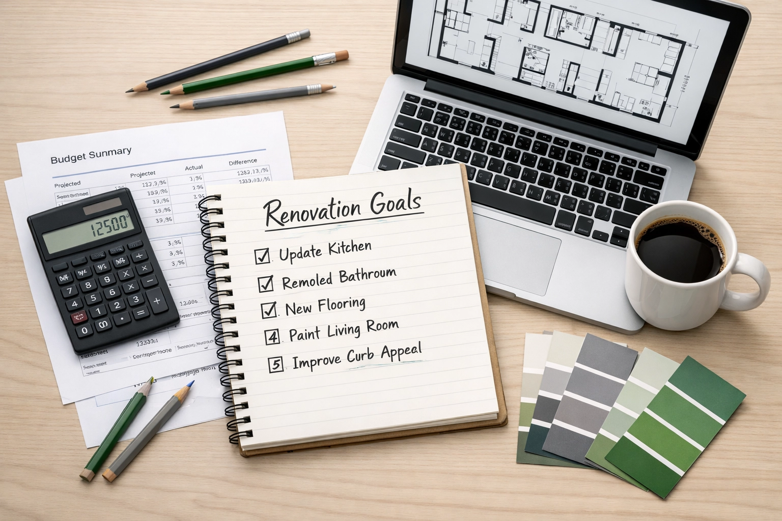 Renovation planning workspace with budget spreadsheets, floor plans, and goal checklist