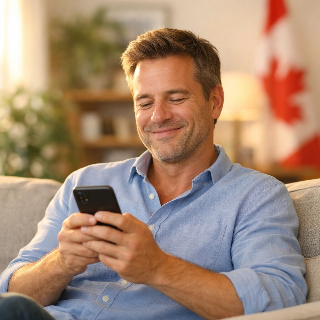 Person in a bright living room feeling relieved after receiving an instant payday loan in Canada on their phone.